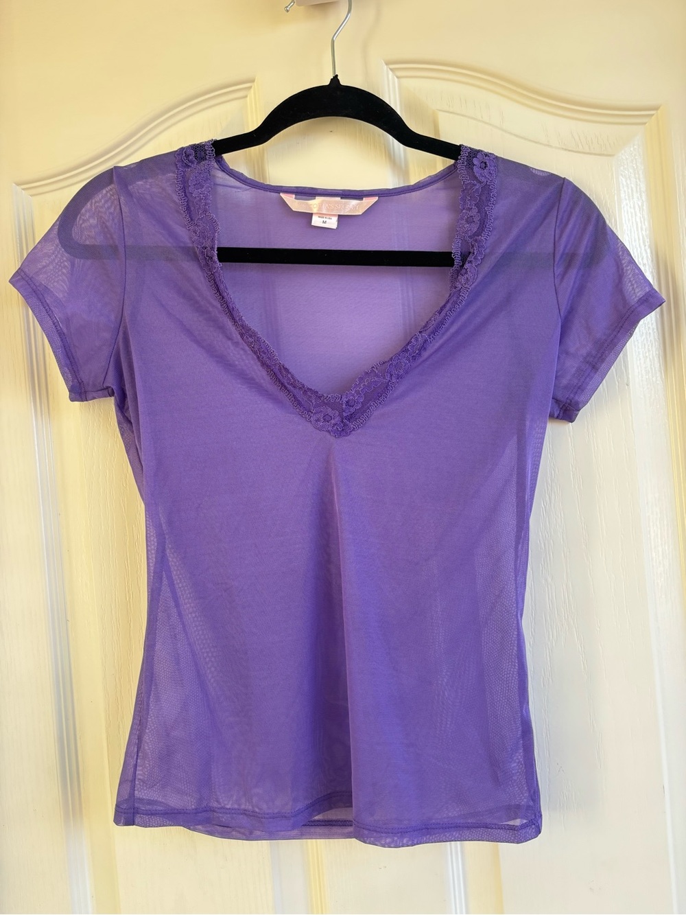 Vintage Victoria's Secret Sheer Mesh V-Neck Lace Trim Top - Purple